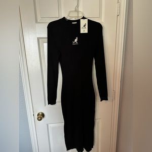 Kangol x H&M Women's S Black Ribbed Maxi Dress Long Sleeve Stretch Bodycon